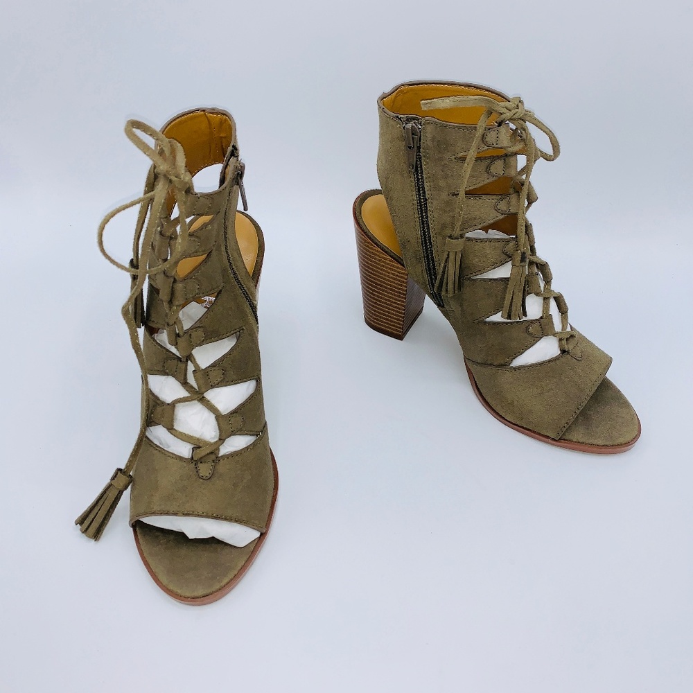 Report Green Suede Lace up Open Toe Bootie Heels